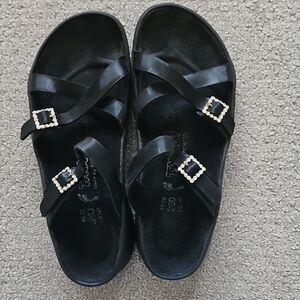 Birkenstock Black Strappy Sandals with Rhinestone-Style Buckles